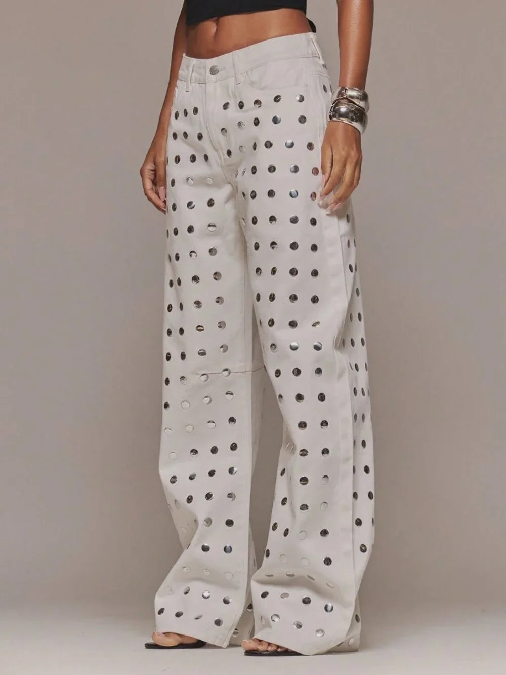 White Casual Women's Studded Baggy Straight Leg Jeans
